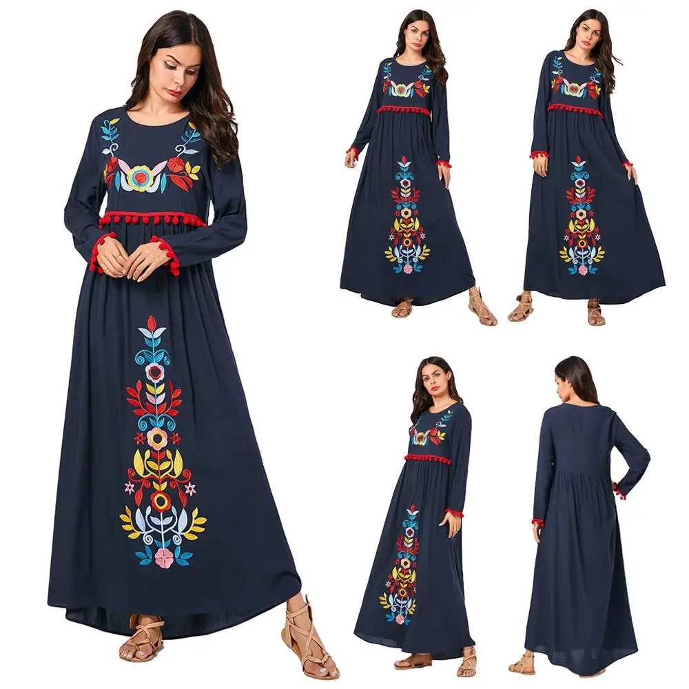 Мусульманские женщины вышивка абайя Макси-Платье рубашка Дубай помпон-кисточка исламский коктейльный jilbaw этнический дизайн o-образным вырезом арабские платья