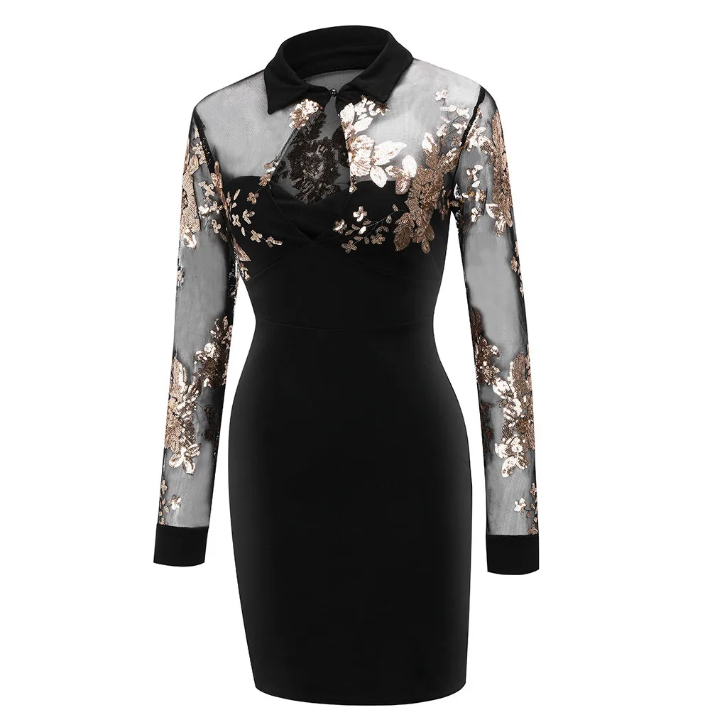 S-XXL, сексуальное Бандажное платье, новинка, зимнее, черное, цветочное, с блестками, платье с длинным рукавом, Сетчатое, пэтчворк, с вырезом, карандаш, облегающее платье для женщин