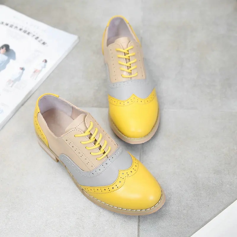 Brands Vintage Oxfords Brogue Shoes Handmade Female Shoes Genuine leather Big Woman Size 13 Oxford Flat Shoes