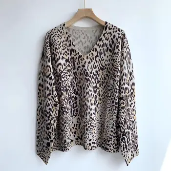 

100% Cashmere Women Leopard Sweater Autumn V-neck Casual Long Sleeve Print Fashion Knitwear Pull