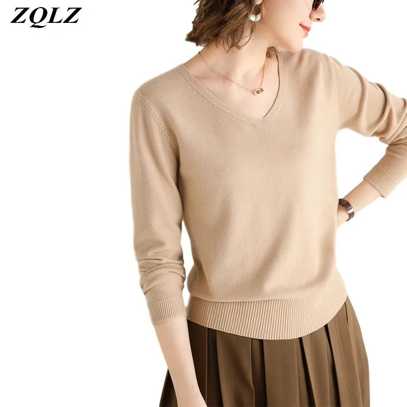

ZQLZ Spring Autumn Sweaters Women 2020 New Fashion Sexy V-neck Pullover Sweater Female Long Sleeve Casual Black Knitted Tops