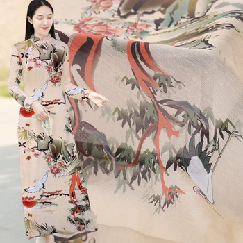 

Crane pine forest print silk fabric wide printing cheongsam dress Silk clothing fabric
