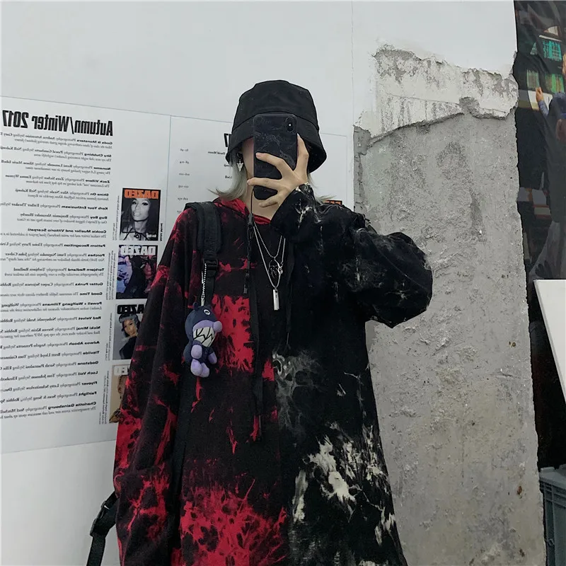 Черный Толстовка женская новая хип-хоп мода tie-dye сшивание половина красный половина белый красивый дикий пуловер женский свободный длинный рукав - Цвет: Черный