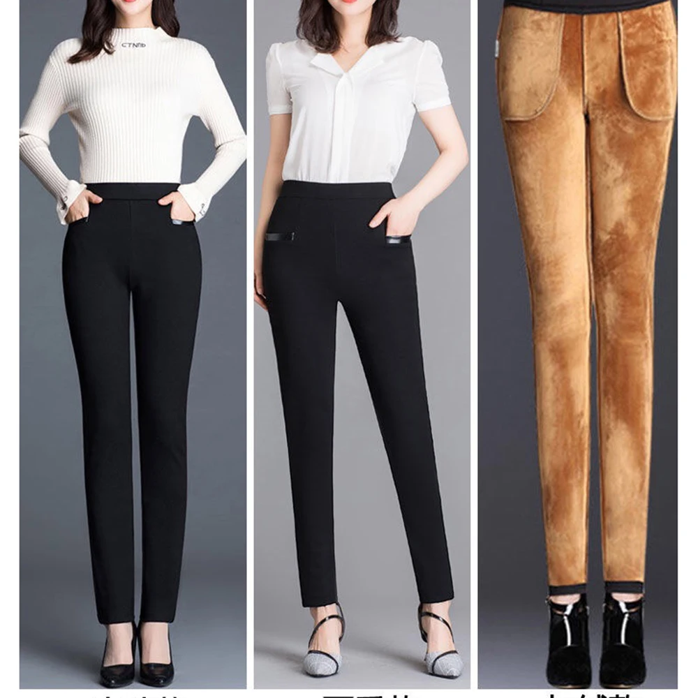 女性のフリース裏地ストレート脚パンツ全身レギンス弾性ハイウエストドレス冬秋快適なズボン パンツ カプリパンツ Aliexpress