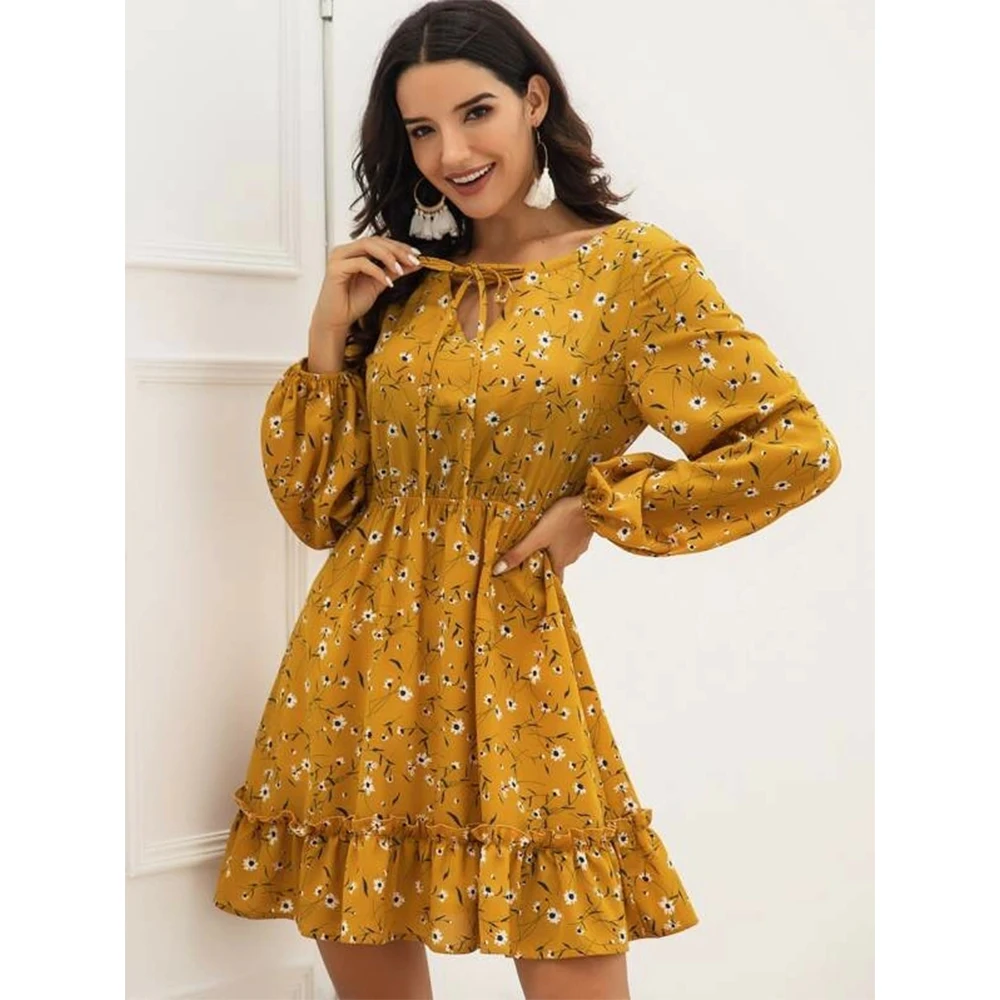 Женское весеннее платье с длинным рукавом мода 2020 года желтое миди цветочным