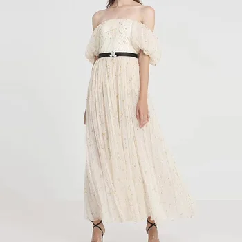 

Women Off Shoulder Maxi Dress Summer Floral Print Backless High Waist Sweet Holiday Party Dress