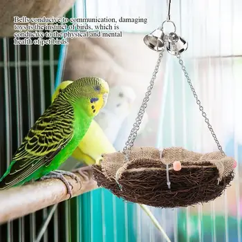 

Parrot Hanging Rest Nest Basket Cage Birds Toy With Bell Bite Pet Cockatiel Parakeet Funny Stand Rest Perch Swing