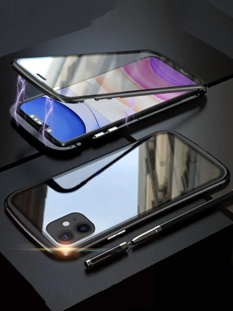 Магнитный адсорбционный Чехол для мобильного телефона IPhone 11 Pro Max металлическая рамка двойное закаленное стекло покрытие магнитное притяжение