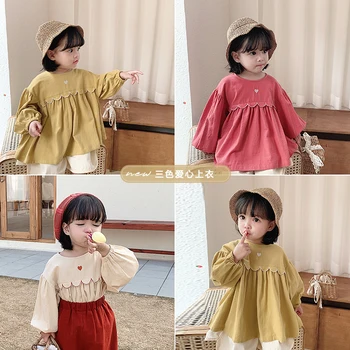

2020 spring new baby girls love double cotton washed shirts children elasticity loose long sleeve tops