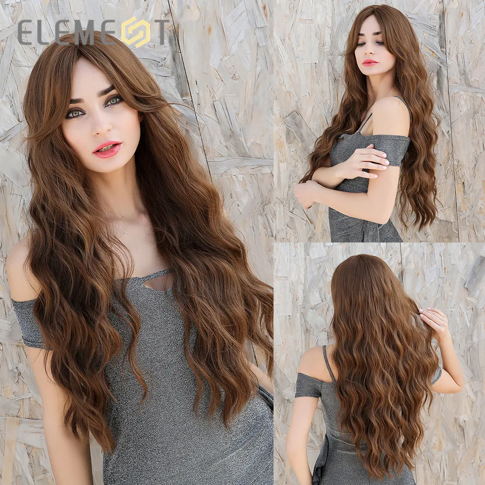 

Element Synthetic Long Wavy Middle Part Wigs with Bangs Brown Hair Cosplay Party Wigs for White/Black Women Costume
