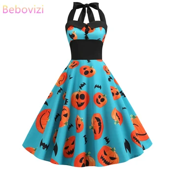 

Bebovizi 2019 Dresses Woman Party Night Halloween Elegant Vintage Dresses Casual Pumpkin Print Plus Size Halter Sexy Vestidos