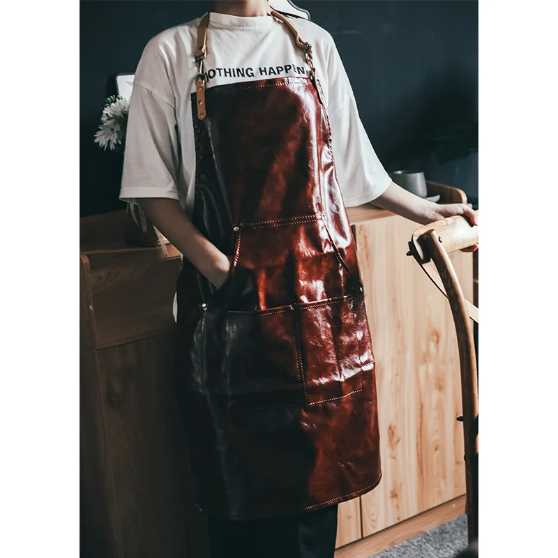 

Leather Work Apron Oil-proof Waterproof With Tool Pockets Durable Barista Florist Restaurant Work uniform Aprons for Men Women