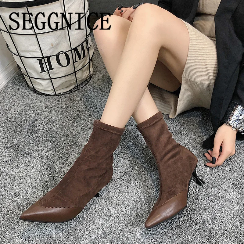 

2020 Women Sock Boots High Heel Ankle Boots For Women Winter Spring Shoes Booties Fashion Leather Casual Pointed Toes Boots Sock