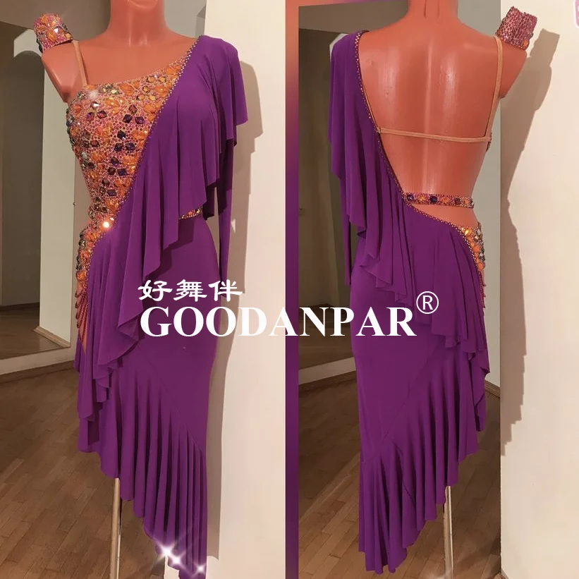 

GOODANPAR Lycra Latin Dance Competition Dress Women with bodysuit bra cups Salsa Sexy Samba Stage Dance Wear Sleevelesspurple