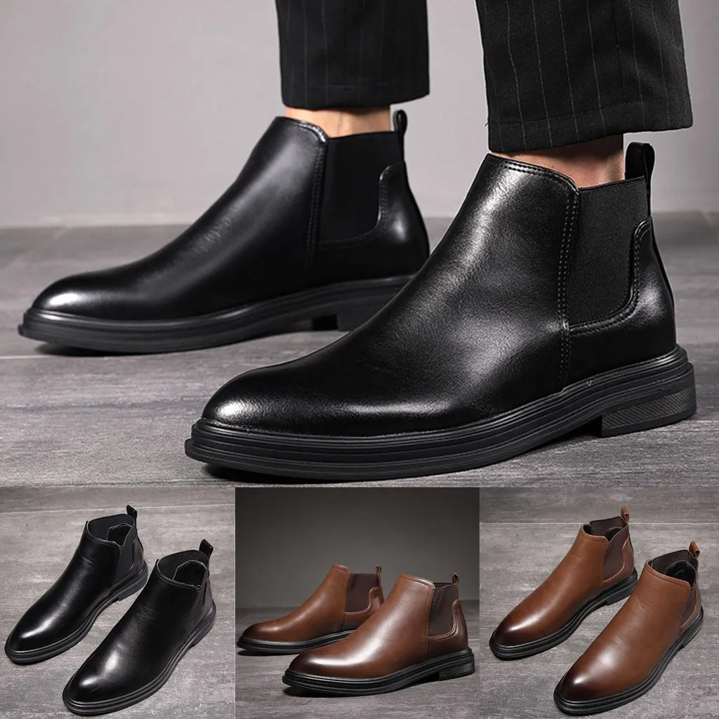 Men's Leather Winter Boots Fashion Slip-On Western Snow Boots Casual Comfy Low-heeled Shoes Keep Warm High-Top Suit Shoes