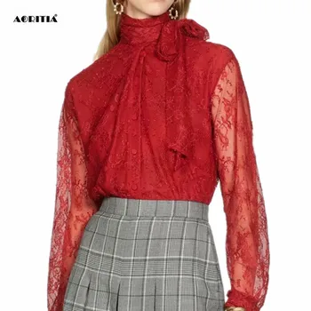 

2020 Autumn Women Lace Blouses Long Sleeve Bow Neck Lady Shirts