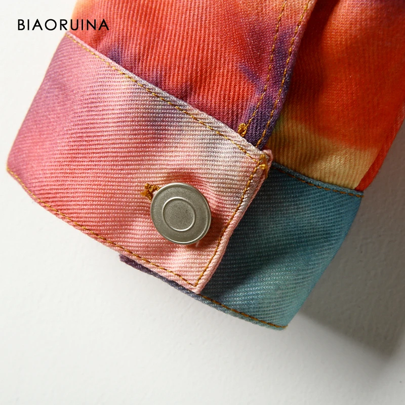Most effective  BIAORUINA Women's Colorful Ink Printing Denim Jacket Coat Female Single Breasted Straight Coat Turn