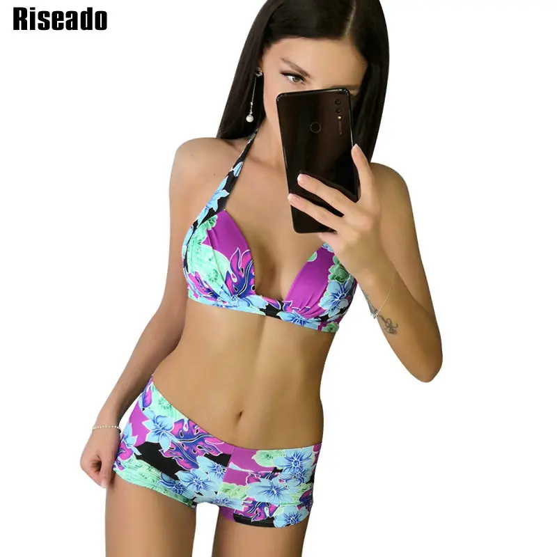 

Riseado Vintage 2020 Bikinis Push Up Swimsuit Female Print Swimwear Women Beach Wear Boyshort Halter Bikinis Bathing Suits
