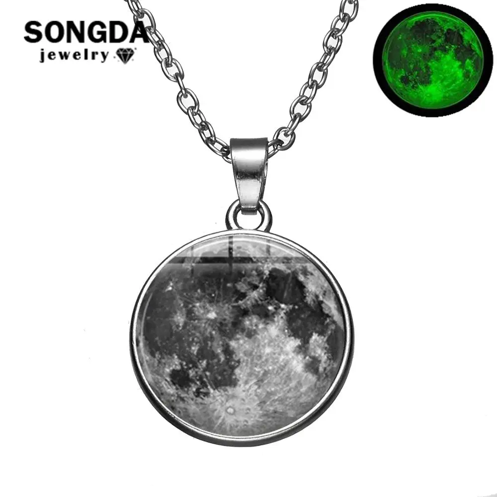 SONGDA Hot Glowing In The Dark Small Moon Necklace Link Chain Glass Cabochon Pendants Necklaces Creative Luminous Lunar Eclipse | Украшения