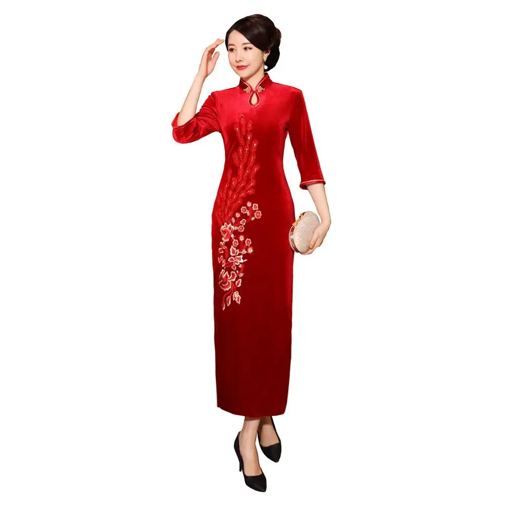 Шанхай история бархат Cheongsam китайское платье вышивка Qipao длинное