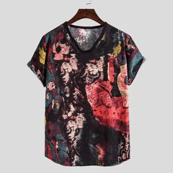 

Ethnic Style Dark Flower Printed Series Characteristics Casual Style Sweetheart Collar Short-sleeved T-shirt Men Clothes