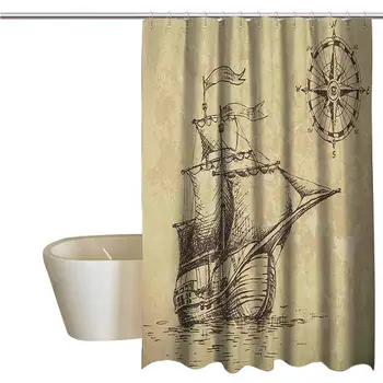 

Compass Extra Long Shower Curtain Hand Drawn Old Paper Style Background Ancient Ship Flags Journey Navigation Mildew Fabric