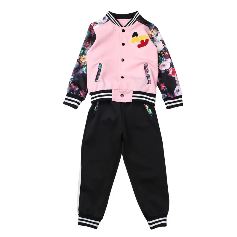 pink Комплект одежды для детей; спортивный костюм; детская хлопковая куртка с длинными рукавами и круглым вырезом+ брюки; Школьный костюм для девочек; сезон осень-весна; бейсбольный комплект - Цвет: pink