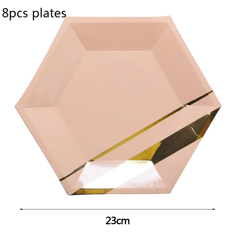 Набор одноразовой посуды розового, золотого и черного цвета, чашки, тарелки, салфетки, соломинки, украшение для свадебной вечеринки, принадлежности для дня рождения - Цвет: B01 8pcs plates 23