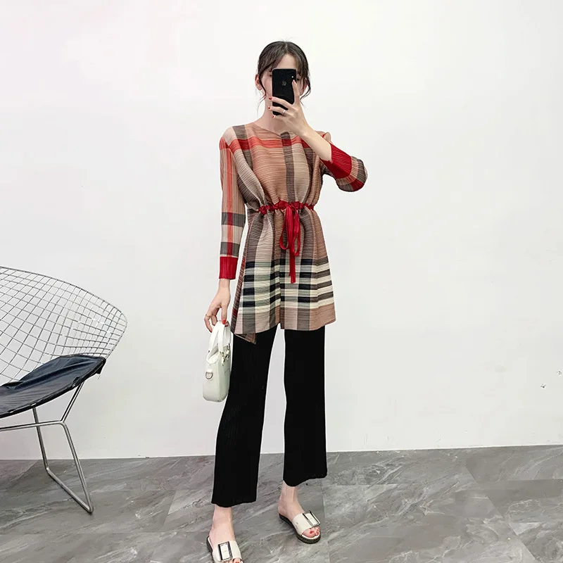 MIYAKE плиссированная клетчатая Футболка с принтом, новая плиссированная футболка с длинным рукавом на подкладке, осенняя и зимняя тонкая темпераментная футболка