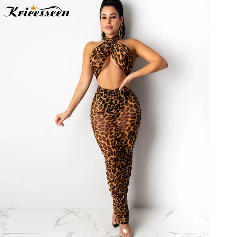 

Kricesseen Sexy Leopard Two Pieces Skirt Set Women Halter Top And Ankle Length Skirt Suits Club Outfits Matching Set