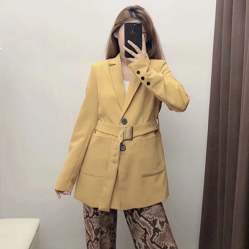 Women Autumn-Spring Casual Orange Long Blazer Women Chic Plaid Long Sleeve Single Breasted Jakcet Blazer With Belt Outwear