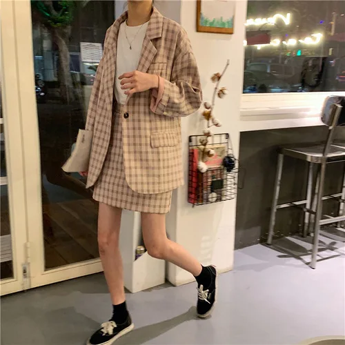 

Photo Shoot Korean-style Retro Plaid Suit Jacket + Skirt Set