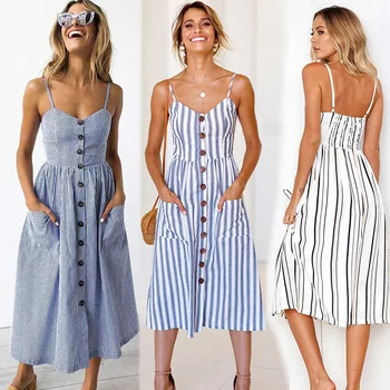

2020 Women Summer Dress Sexy Backless Midi Dress Boho Polka Dot Striped Floral Beach Dress Female Casual Vintage Button Sundress