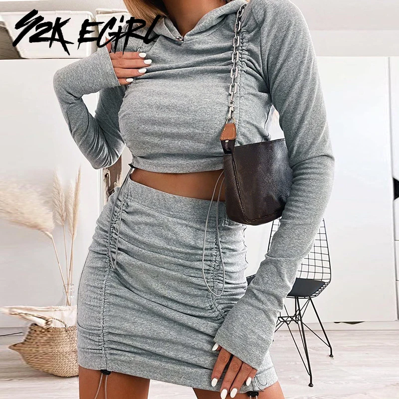 

Y2K EGIRL Casual Drawstring Solid 2 Piece Co-ord Suits Autumn Long Sleeve Cropped Hoodie and High Waist Mini Skirts Sets Fashion