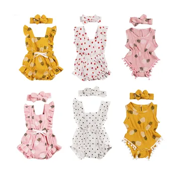 

2020 2 Kinds Cute Infant Baby Girls Rompers 2pcs Cotton Linen Clothes Taasels/Ruffle Sleeveless Pineapple/Dot Print Playsuit