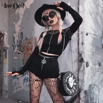 

InsDoit Vintage Sexy Hollow Out Black Top Gothic Punk Long Sleeve Zip Up Crop Tops Streetwear Punk Long Sleeve Autumn Tops