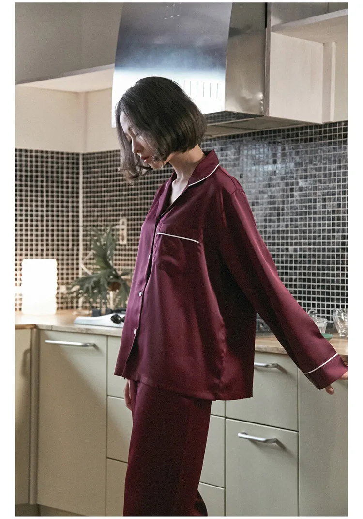 Роскошные шелковые пижамы из 2 предметов, цвет красного вина, уютные мягкие длинные штаны, рубашка, комплект, одежда для сна, пижамы с длинным рукавом, женская зимняя Домашняя одежда, костюм