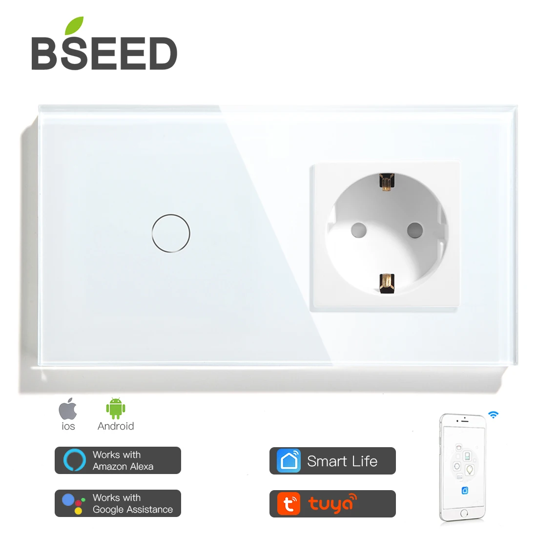 BSEED Wifi Touch Switch 1Gang 2Gang 3Gang With Normal EU Socket Without Wifi 3 Colors Crystal Glass Panel Smart Switch Only