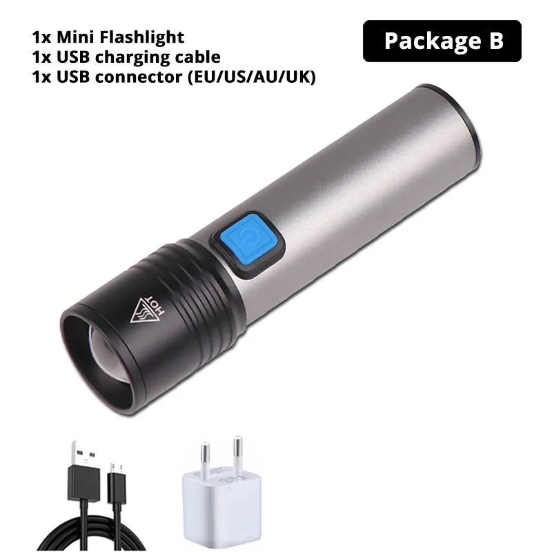 Package B Портативный мини светодиодный фонарик USB Перезаряжаемый T6 фитиль водонепроницаемый телескопический зум открытый свет подходит для ночного освещения - Испускаемый цвет: Package B