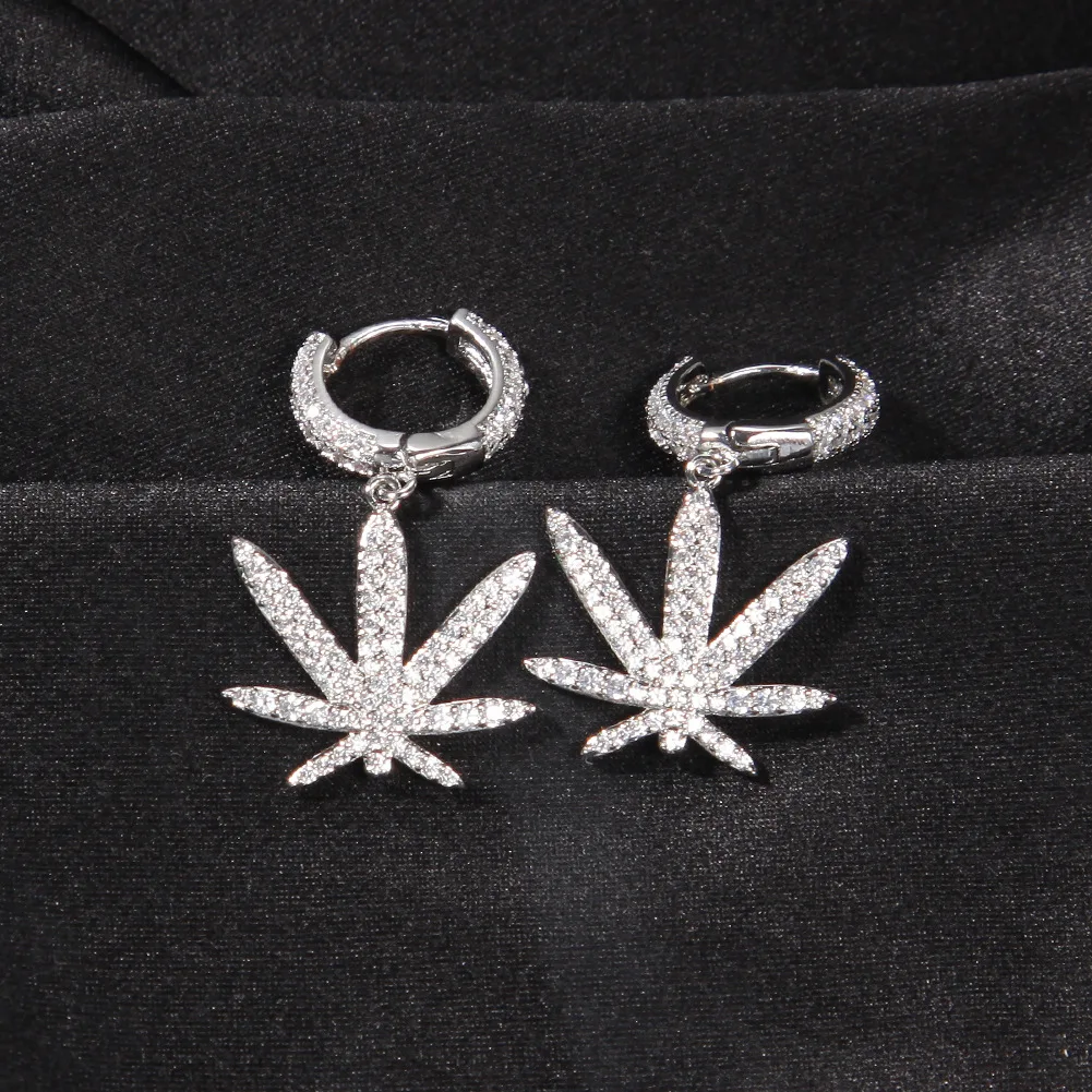 Leaf Plant Bling Bling Iced Out Cubic Zircon Mirco Pave Prong Setting Brass Earrings Fashion Hip Hop Jewelry BE018