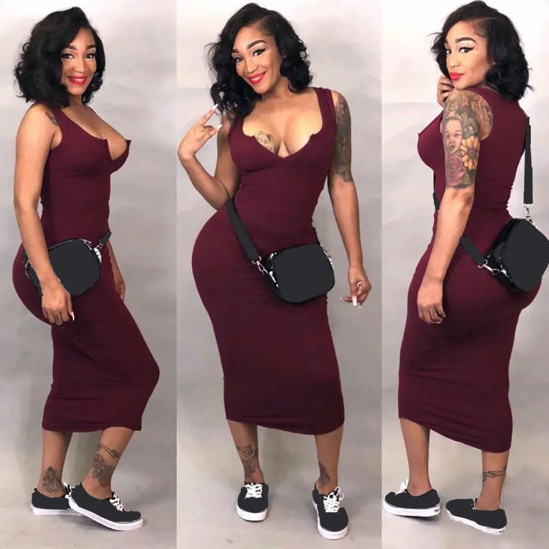 

Fashion Nice Casual Women V-Neck Pencil Dress Party Slim Solid Sexy Dress Tank Simple Sleeveless Midi Dress