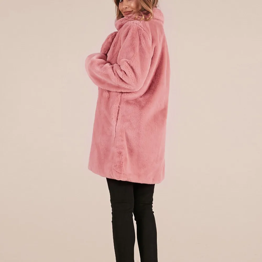 Зимнее женское длинное пальто, однотонная фланелевая теплая парка, куртка с длинным рукавом, простое открытое пальто с отложным воротником, свободное Женское пальто