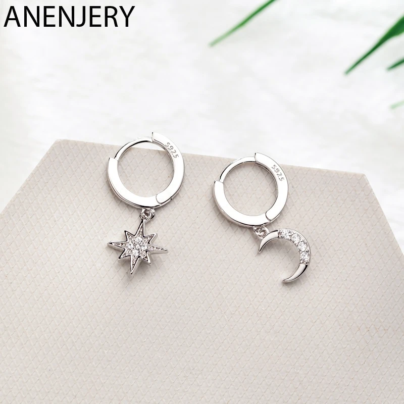 ANENJERY de Plata de Ley 925 moda novedosa de Luna estrella aro pendientes para las mujeres 2020 mejores regalos de Navidad de S-E1360