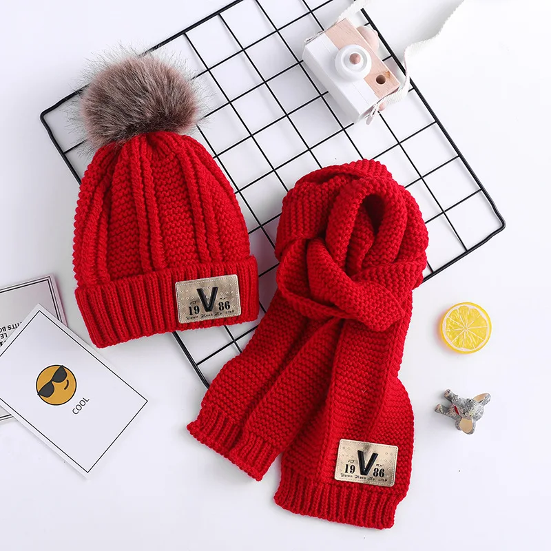 New Winter Baby Girls Boy Knitted Hat Scarf Set Caps Fur Pompom Ball Children Hats Kids Warm Fashion Beanie Suits HT19044 | Детская