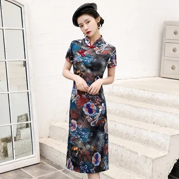 

M-4XL Female Cheongsam Oriental Style Knee Length Gown Women Stage Show Evening Qipao Vintage Chinese Summer Party Dress Vestido
