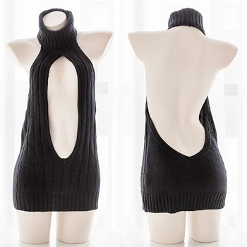 

Sexy Women's Black Open Chest Backless Knitted Sweater Japanese Cosplay Lolita Virgin Killer Hollow out Split Deep V Knitwear
