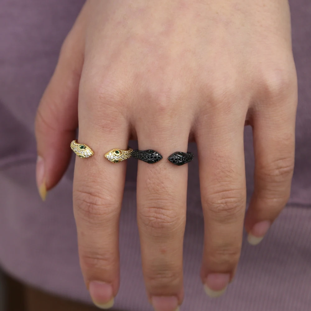 Fashion open adjusted women finger ring green clear cz paved classic snake shape wrap finger ring jewelry