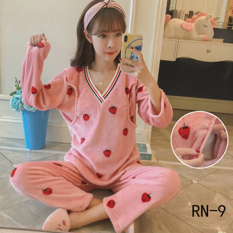 Winter Women Pajamas Sets Printed Loose Maternity Clothing Warm Pregnant Pyjamas Sets Casual Nursing Sleepwear Suit