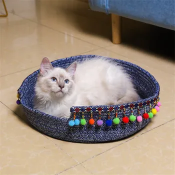 

2020 Round Cat Bed Basket Nest Cotton Rope Woven Warm Pet Sleeping Bed House Summer Cat claw board cat cage