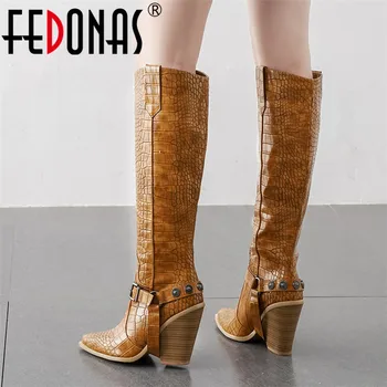 

FEDONAS Female Leather Long Western Boots Autumn Winter Women Knee High Boots Night Club Shoes Woman Big Size Metal Chunky Heels